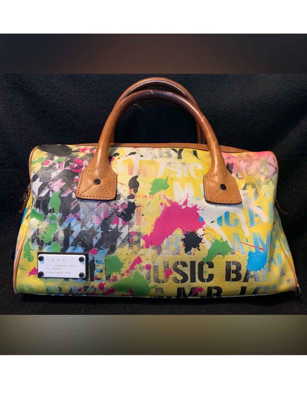 L.A.M.B. Multicolor Paint-Splash Satchel with Tan Handles Y2K!